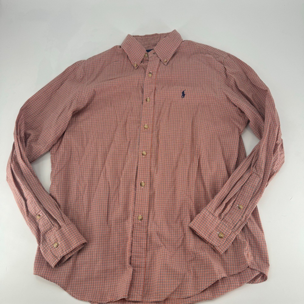 Polo Ralph Lauren Mens Large Orange Blue Micro Check Button Down Shirt L/S